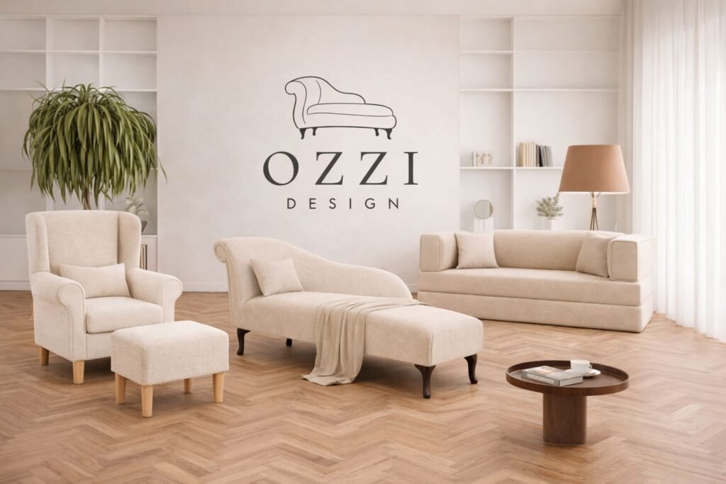 Szezlong, kanapa i fotel z podnóżkiem w beżowym kolorze