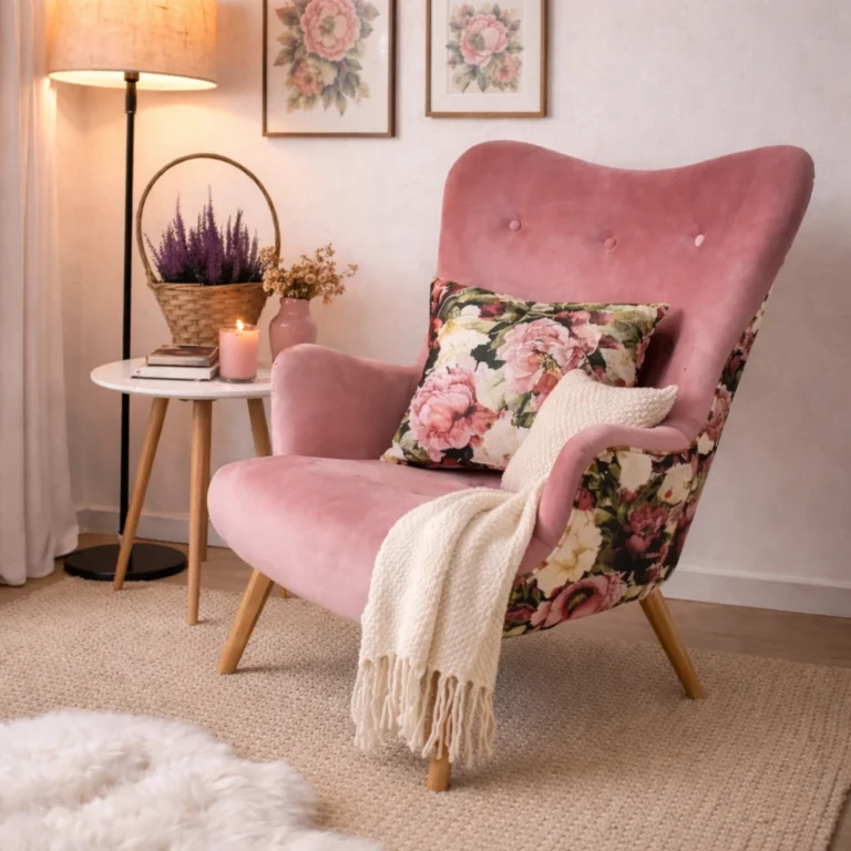 Rosa Ohrensessel mit Blumenmuster im gemutlichen Raum