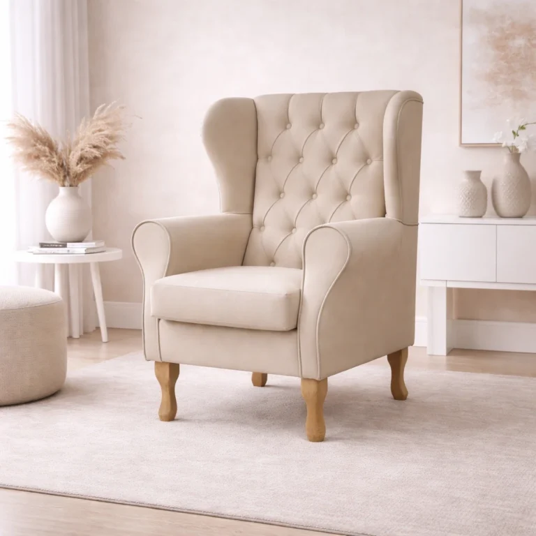 Beżowy fotel uszak Chesterfield do salonu i czytania aranżacja