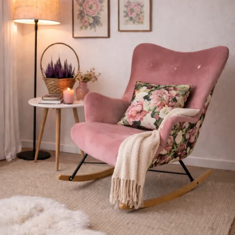 Pink velvet rocking armchair with floral back in living room