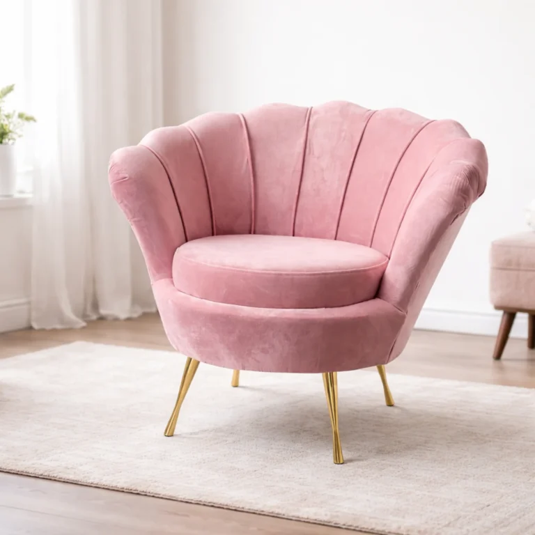 rosa Muschel-Sessel mit goldenen Beinen auf einem Teppich