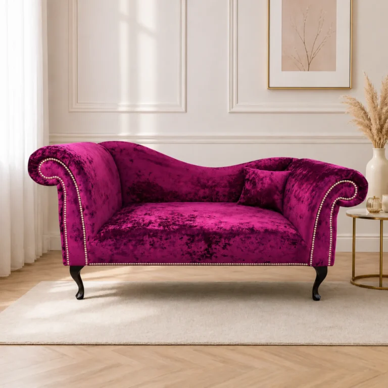 Różowa sofa glamour z ozdobnymi gwoździami tapicerskimi i eleganckim wykończeniem